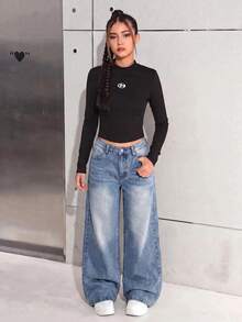 SHEIN 青少年女孩休閒水洗寬版牛仔褲 - 中等水洗藍 - 查看 5