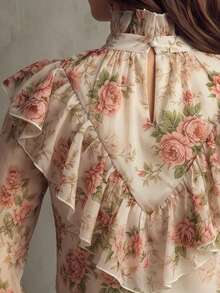 LUMIGAL Floral Chiffon Ditsy Print Ruffle Trim Stand Collar Double Layer Front & Back Flounce Patchwork Puff Bell Long Sleeve Women's Blouse - Multicolor - View 6