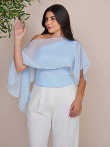The Leen Edit Women Raglan Sleeve Asymmetric Collar Form-Fitting Casual/Office Style Blouse, Spring/Summer - Baby Blue - View 3