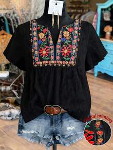 Linhara Maglietta ampia ed elegante da vacanza, in stile smock con maniche a volant, stampa digitale a ricamo finto, tessuto snellente, per primavera/estate, top stile boho per donna, ultimi arrivi, abbigliamento donna stile boho chic - nero - Visualizzare 1