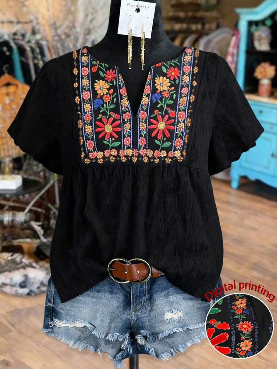 Linhara Maglietta ampia ed elegante da vacanza, in stile smock con maniche a volant, stampa digitale a ricamo finto, tessuto snellente, per primavera/estate, top stile boho per donna, ultimi arrivi, abbigliamento donna stile boho chic - nero - Visualizzare 1