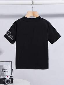 SHEIN 儿童/男童休闲韩版宽松圆领半高领短袖字母印花T恤，适合通勤、上学、日常休闲、运动、春夏穿着。 - 黑色 - 查看 3