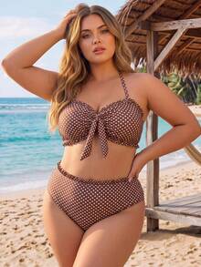 SHEIN CURVE+ 大尺碼女款夏季海灘波點細肩帶比基尼上衣與三角褲兩件式泳衣套裝 - 棕色 - 查看 5