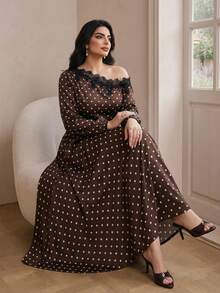 Modelyn Plus Size Women's Polka Dot Lace Patchwork Asymmetric Shoulder Casual Party Dress - Multicolor - View 3