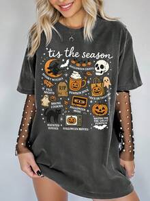 DrmWander 萬聖節 'Tis The Season 圖案短袖T恤，復古水洗寬鬆落肩，女巫南瓜幽靈秋季Y2K節日上衣 - 深灰色 - 查看 1