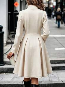 SHEIN LUNE Women's Solid Color Wool Fabric Design Stand Collar Cinched Waist Flared Long Sleeve Button-Front Elegant Sophisticated Elegant Autumn Winter Overcoat New Essential Fashion Item Niche Design Versatile Long Coat - Apricot - View 2