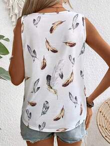 SHEIN Holidaya 女士羽毛印花方领无袖简约日常背心图案 T 恤女式上衣 - 彩色 - 查看 3