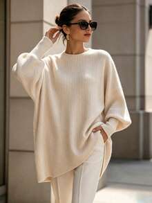 SHEIN Holidaya Desain Prancis, Sweater Imitasi Rajut Bergaris Asimetris, Lapisan Dalam Serbaguna, Pakaian Luar Elegan, Modis, Kasual, Kaos Wanita - Aprikot - View 5