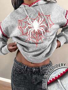 SHEIN EZwear Sudadera con capucha con estampado de araña, contraste de color y bordado de concha - Gris - Ver 6