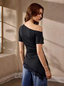 Selenza Summer New Women's Holiday Outfit Black One Shoulder Lace Patchwork Fitted Short Sleeve T-Shirt - Black - View 2