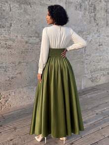 Eryvara Autumn New Patchwork Puff Sleeve Tie Neck Cinched Waist A-Line Dress, Suitable For Party, Date - Green - View 2