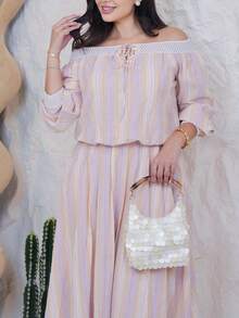 The Leen Edit Spring/Summer Lace Trim Patchwork Loose Casual Textured Pleated Pink Striped Valentine's Day Wedding Vacation Beach Off-Shoulder Short Top Elegant - Burnt Orange - View 4