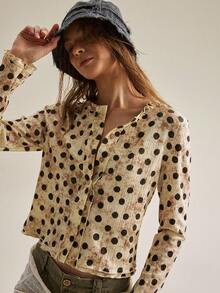 SHEIN كارديجان قصير للنساء بتصميم عتيق مهترئ بنقاط بولكا وحافة مكشكشة، قاعدة بيج + نقاط بولكا بنية داكنة + ياقة بحافة مكشكشة، قماش منسوج، مناسب للخروجات اليومية في الربيع/الخريف، مواعيد القهوة، التنقل الخفيف إلى المكتب - كاكي - مشاهدة 5