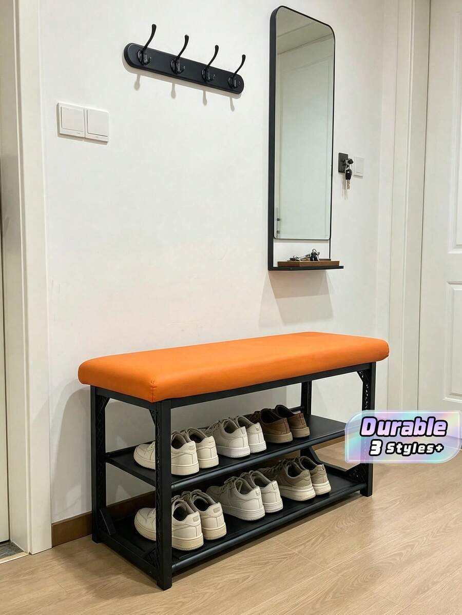 1PC Upholstered Shoe Changing Bench,Double Layer Open Shoe Rack With Cushioned Seat,Breathable Shoe Storage Bench,Sturdy Shoe Stool For Entryway Hallway Apartment Small Home - Multicolor - View 1