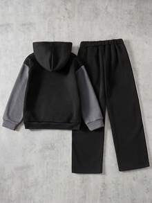 SHEIN 青少年男孩圖案連帽衛衣與運動長褲2件套 - 黑色 - 查看 2