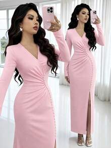 SHEIN Raffinéa Elegant Exquisite Sexy V-Neck Long Sleeve Fitted Dress With Side Slit Design Women's Long Dress - Pink - View 1