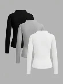 SHEIN LUNE 3 piezas de camisetas de manga larga acanaladas de color sólido para mujer - Multicolor - Ver 2
