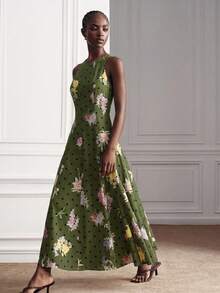 Aveloria Modichic Green Ditsy Floral Fabric, Elegant Split Long Full Skirt Sleeveless Dress, A-Line Skirt, Vintage, Brunch Party, Lightweight Summer - Green - View 4