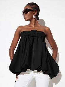 Aveloria GENKIRA Spring/Summer Solid Apricot Khaki Strapless Top With Belt Buckle Decor, Waist-Defining Balloon Hem, Elegant Chic Modern Runway Style, Versatile For Commute, Casual, Beach Vacation, Y2K Sexy - Black - View 3