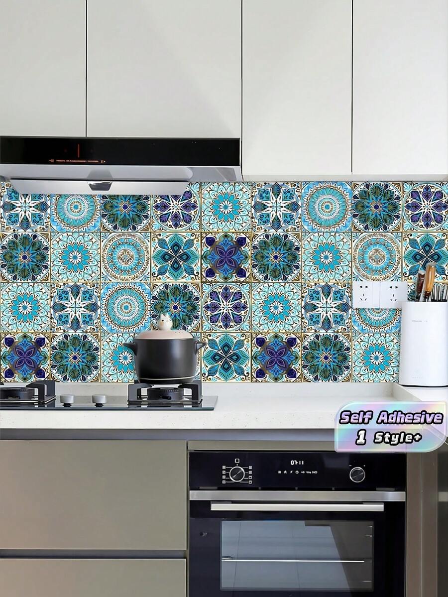 10pcs Self Adhesive Waterproof Oilproof Mildewproof Removable Tile Stickers Blue Purple Mandala For Bathroom Kitchen Shower Wall Home Decor - multicolor - View 1