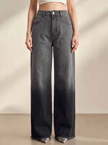 Anewsta Women's Fashion New Gradient Blue Straight Leg Jeans Pants, Vacation Style - Black - View 3