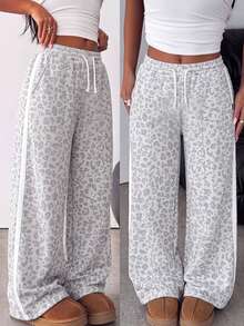 SHEIN 青少年女孩針織寬鬆休閒抽繩口袋寬腿運動褲，豹紋運動褲，適合學校返校穿搭 - 杏色 - 查看 3