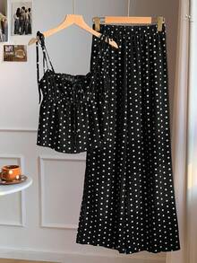 SHEIN CURVE+ 女款大尺碼條紋波點短袖圓領寬鬆1950年代復古Flapper 1920年代夏季兩件套優雅度假黑白配色 - 黑與白 - 查看 5