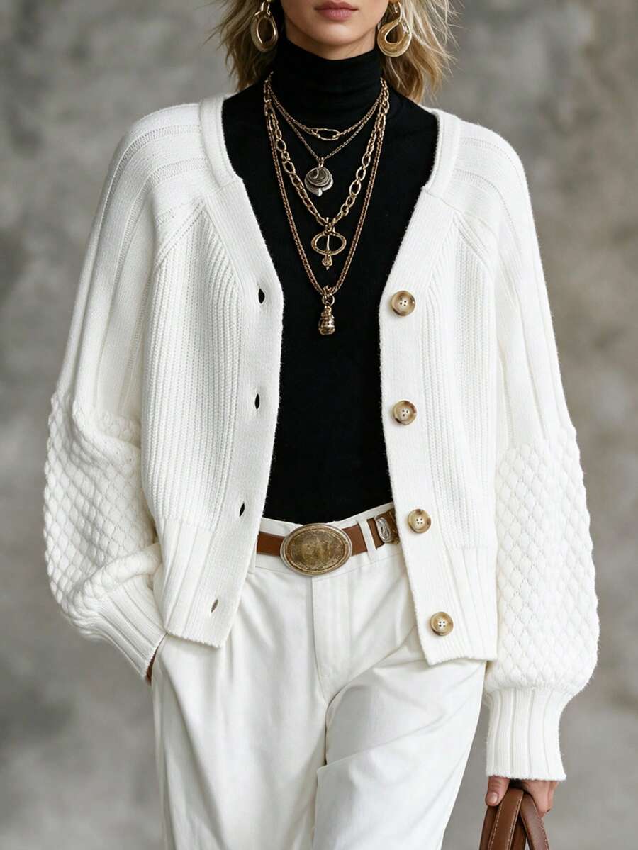 SHEIN Women's Summer Casual Elegant Solid Color Button Up Raglan Sleeve Cardigan,Fall Winter White Knit Sweater Everyday Oversized Cardigan For Travel - White - View 1