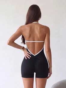 Dewbera Dewbera Women's Minimalist Striped Colorblock Halter Neck Athletic Romper - Black - View 2