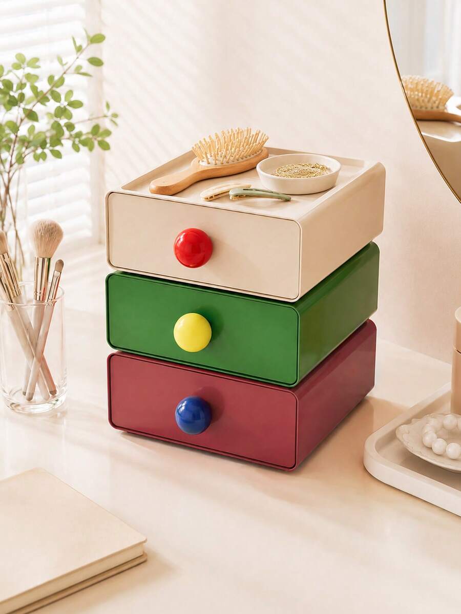 Zazumi 1pc Stackable Drawer Storage Box With Colorful Round Knobs Desktop Organizer Minimalist Vanity Decor Cute Housewarming Gift