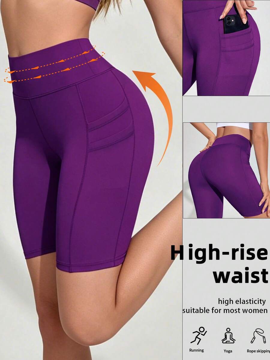 SHEIN Sports Women's Summer Minimalist Solid Color High Waist Patchwork Pocket Sports Cycling Shorts