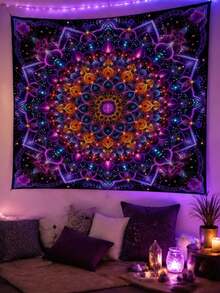 1pc Glow-In-The-Dark Sun Shade Curtain, Fluorescent Floral Symmetrical Pattern Canopy For Beach Camping Garden Picnic, Lightweight Outdoor Shelter, Poles Not Included - Printing - View 6