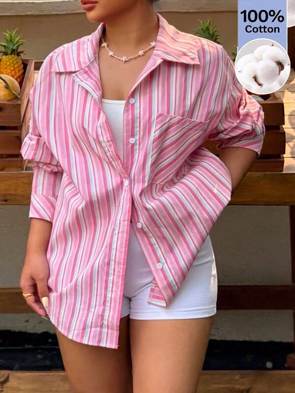 Muchica Plus Size Women's Striped Single-Breasted Casual Daily Wear Shirt