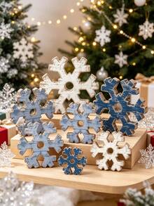 6 Piece Set Winter Wooden Snowflake Decor Rustic Farmhouse Christmas Table Sign Wonderland Wood Block Ornament For Mantel Shelf Fireplace Holiday Party Home Kitchen Celebration Gift For Housewarming Anniversary - multicolor - View 7