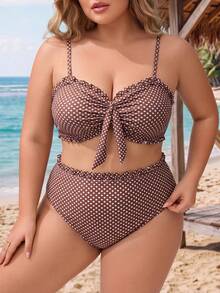 SHEIN CURVE+ 大尺碼女款夏季海灘波點細肩帶比基尼上衣與三角褲兩件式泳衣套裝 - 棕色 - 查看 6