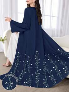 SHEIN Najma 女式花卉印花海军蓝长袖休闲阿拉伯长袍，春秋装 - 彩色 - 查看 1