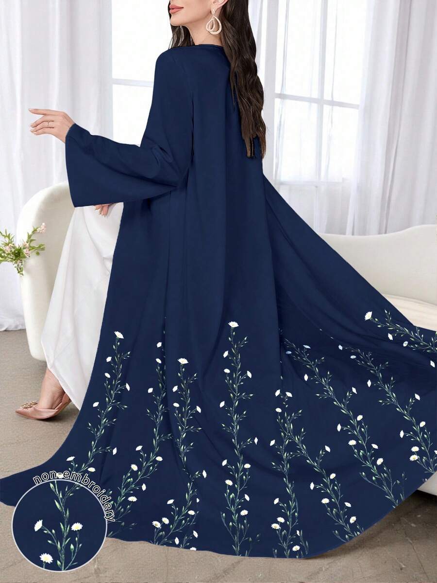 SHEIN Najma 女式花卉印花海军蓝长袖休闲阿拉伯长袍,春秋装 - 彩色 - 查看 1