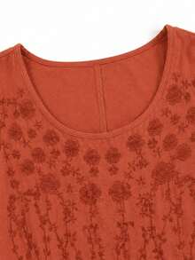SHEIN CURVE+ Gaun Midi A-Line Tanpa Lengan Leher Bulat Bordir Warna Polos Minimalis untuk Wanita Ukuran Plus, Cocok untuk Liburan Kasual Musim Panas - Rust Brown - View 3