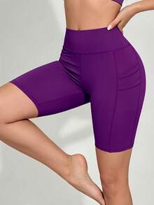 SHEIN Sports Women's Summer Minimalist Solid Color High Waist Patchwork Pocket Sports Cycling Shorts - Bold Plum - View 4