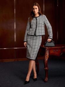MOTF PREMIUM WOMEN'S FASHION TWEED CONTRAST TRIM SINGLE-BREASTED JACKET AND SKIRT 2 PIECES SET - Black and White - View 9