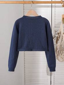 Tween Girl Navy Blue Casual Versatile Short Cardigan - Navy Blue - View 2