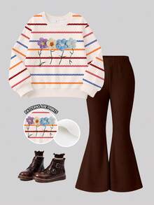 SHEIN Elladie kids 女童2件套，田園甜美棕色花卉3D效果印花長袖抓絨衛衣上衣＋喇叭褲，柔軟套裝，秋冬季 - 彩色 - 查看 3