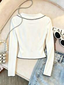 GlowEve Women's Versatile Korean Style Lace-Up Contrast Color Long Sleeve Top For Daily Wear - White - View 2