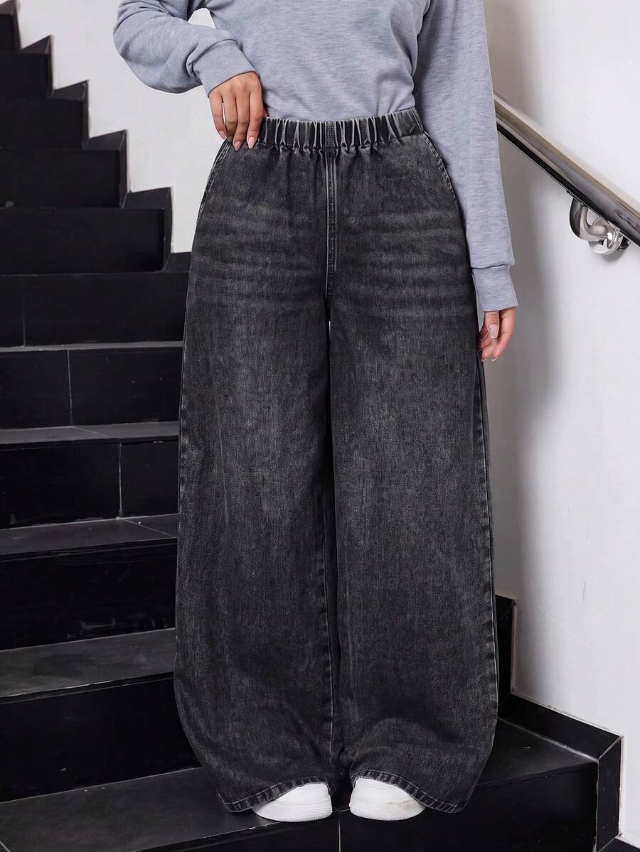 SHEIN Teen GirlLoose Straight Leg Blue Jeans - Dark Grey - View 1