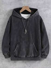 SHEIN 青少年男孩配色拼接洛杉磯休閒百搭寬鬆衛衣，適合秋季 - 黑色 - 查看 1