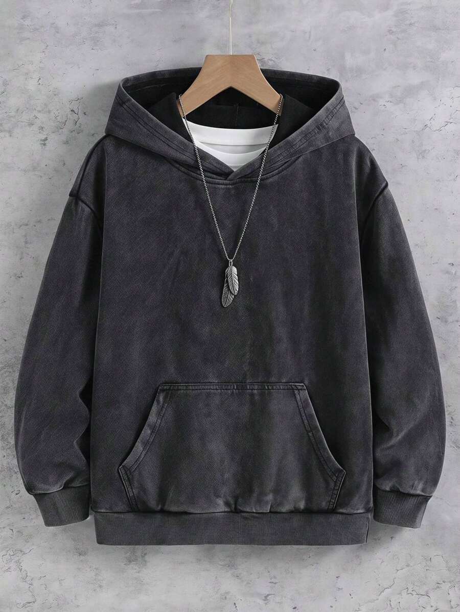 SHEIN 青少年男孩配色拼接洛杉磯休閒百搭寬鬆衛衣,適合秋季 - 黑色 - 查看 1