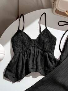 Flirla Women's Set Camisole Top With Textured Patchwork Casual Long Pants With Drawstring Pockets Straight Leg - Black - View 3
