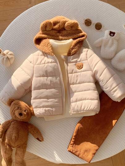 SHEIN Baby Boy Baby Girl Autumn/Winter Cute Apricot Color Patchwork Cartoon Pattern Hooded Padded Coat, Hooded Jacket, Infant Outerwear, Cute Jacket