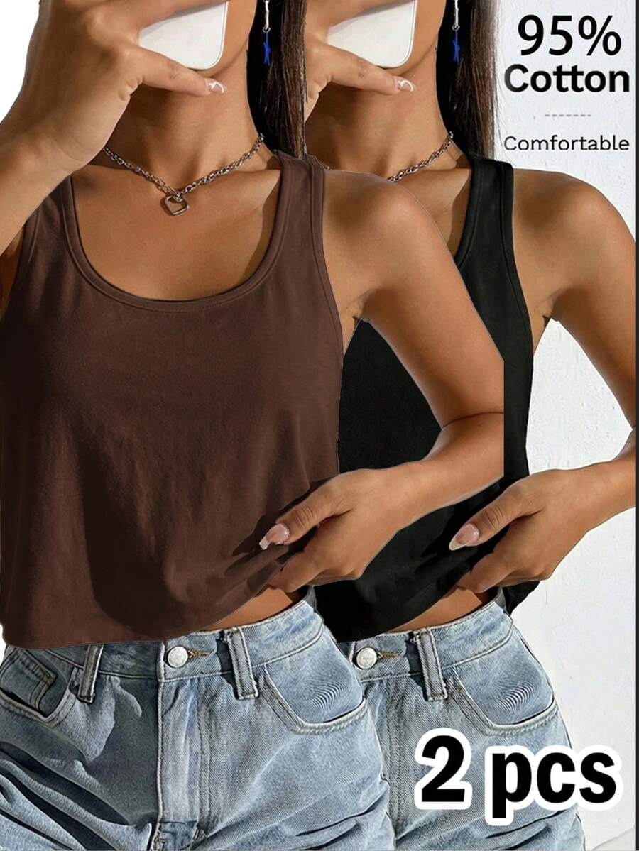 SHEIN EZwear 2件組女款背心與細肩帶上衣 - 彩色 - 查看 1