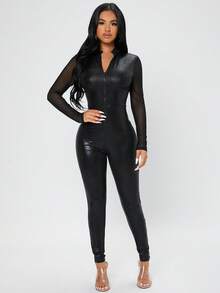 SHEIN PETITE Petite Zip Up Mesh Panel Unitard Bodycon Black Jumpsuit ,Petite Women - Black - View 6